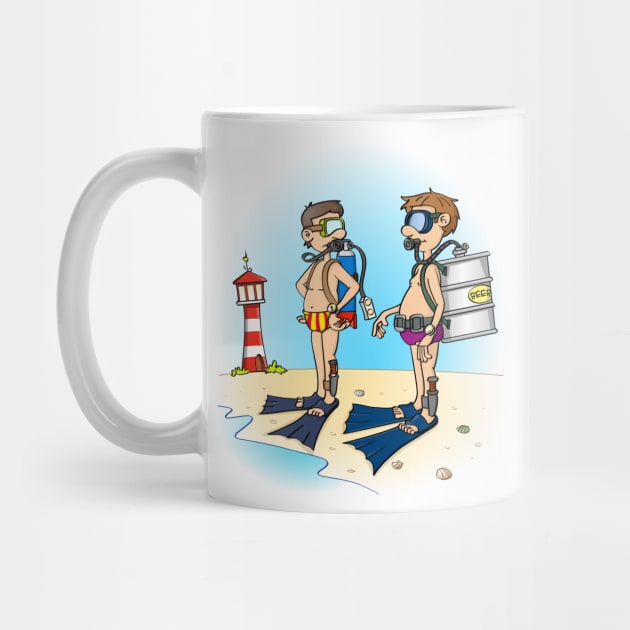 Funny cartoon drawing about diving and beer drinking by Stefs-Red-Shop